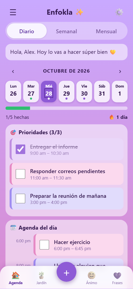 Agenda del día en Enfokla con tres prioridades y la lista del día