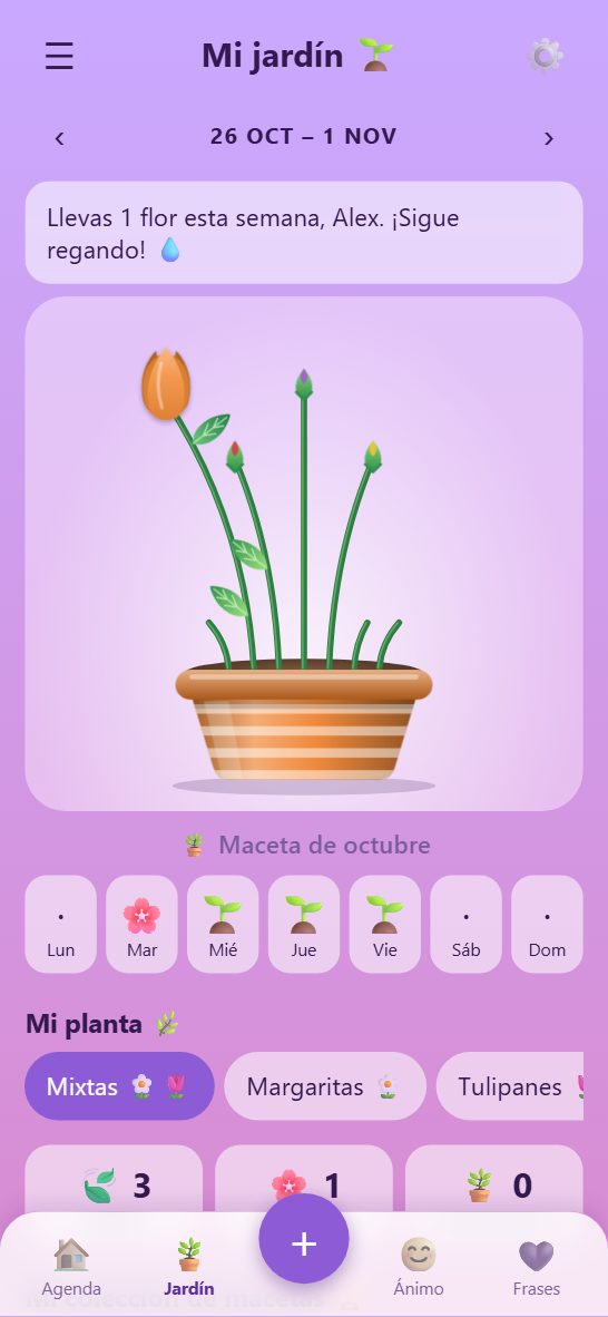 Jardín de Enfokla con una maceta y flores que crecen con cada tarea