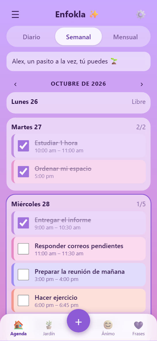 Vista semanal de Enfokla con las tareas de cada día